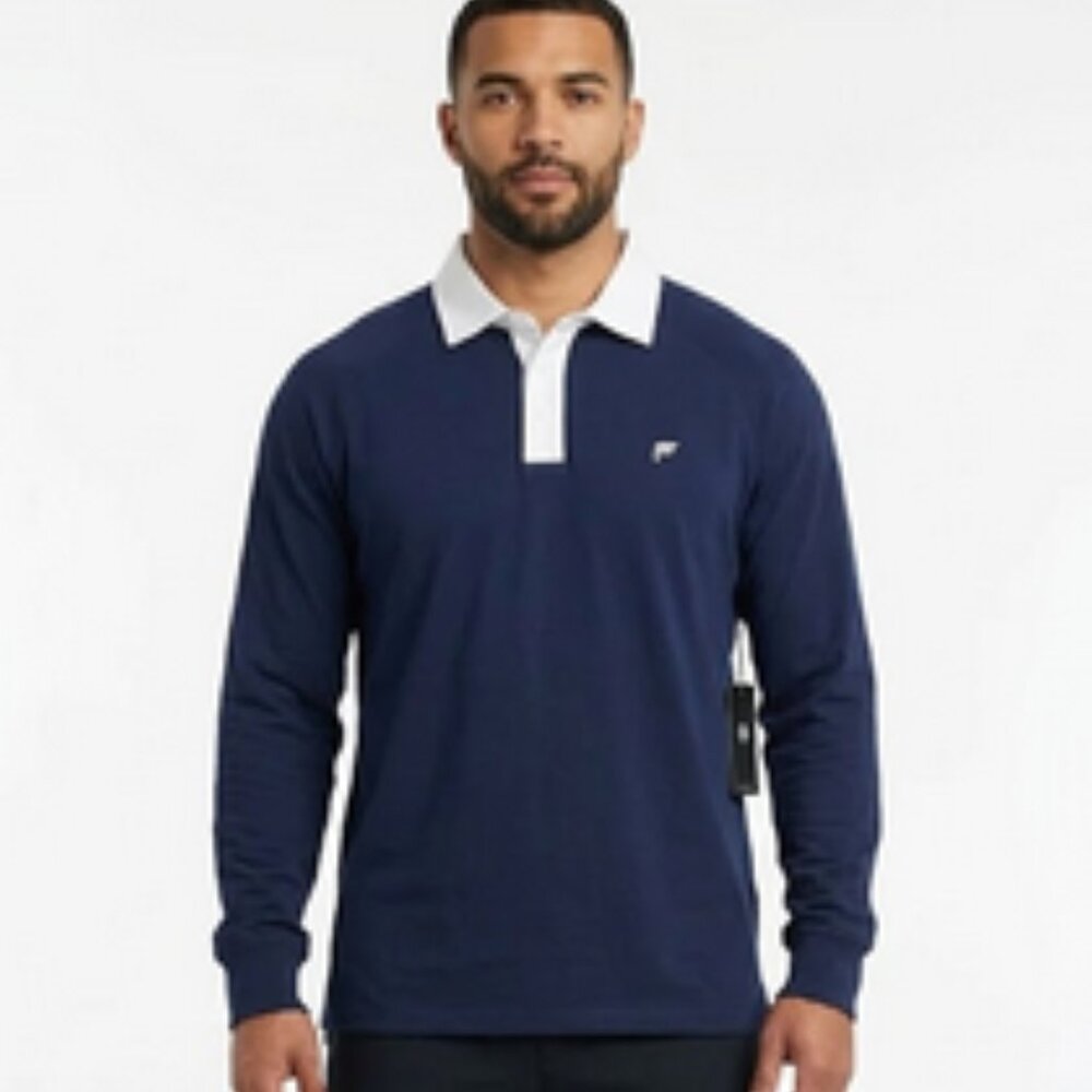Fabletics NWT R&R LS Rugby Tee Navy w White Trim Med-Heavy Weight, size XL